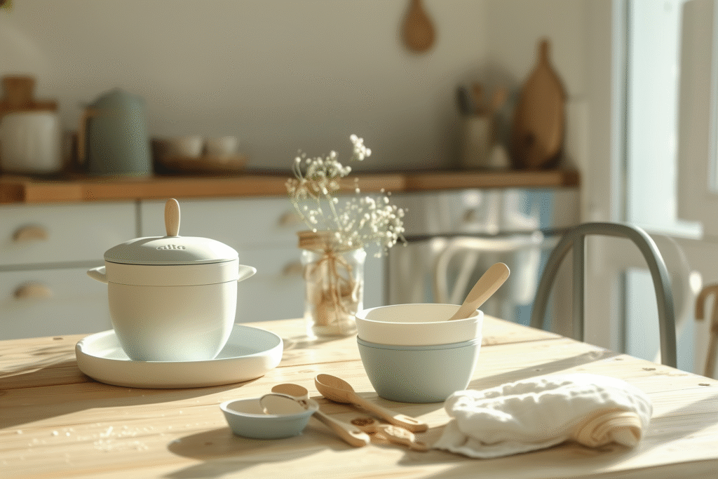 Ustensiles sains pour bébé en matériaux sains : cuillère en inox, assiette en silicone platine, sans plastique toxique.