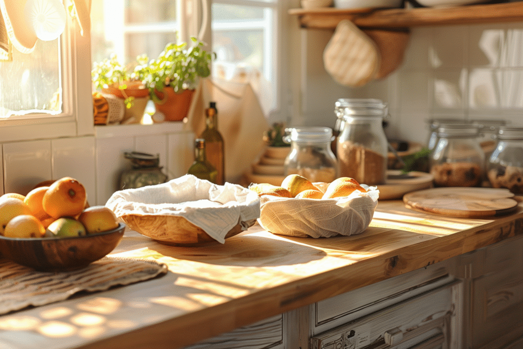 Bocaux en verre alignés sur étagère en bois clair, remplis d’aliments secs – ustensiles de conservation sains sans plastique