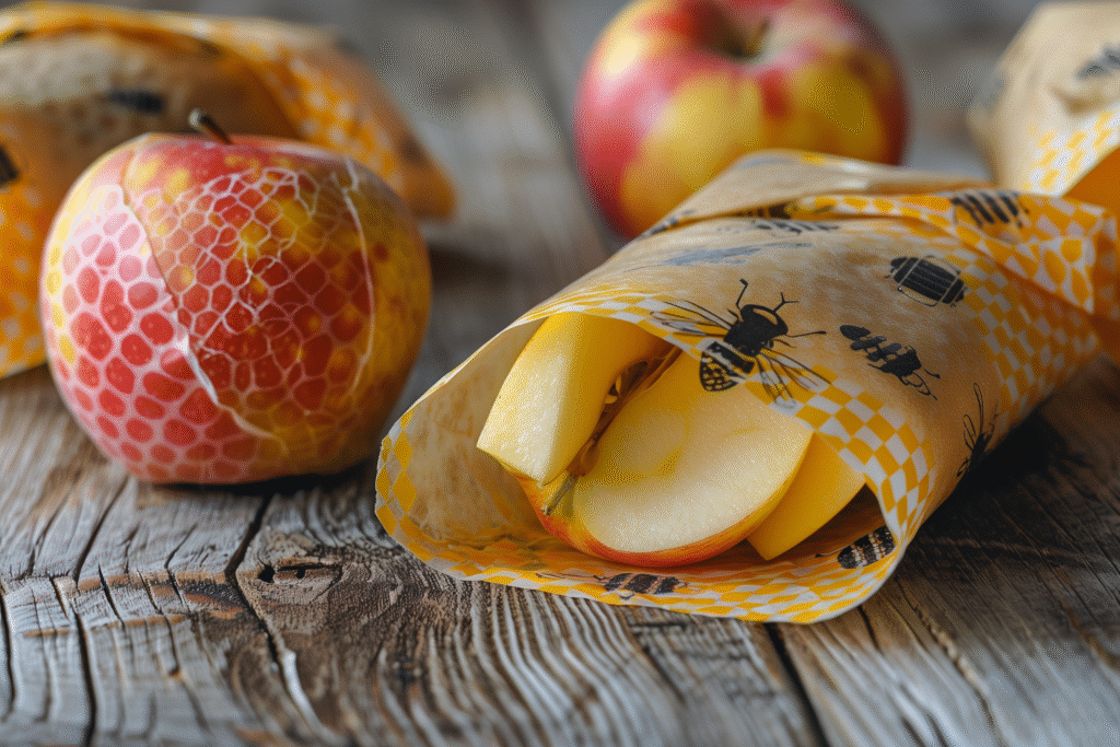 Sacs réutilisables en silicone platine et couvercles extensibles sur un plan de travail – ustensiles de conservation sains