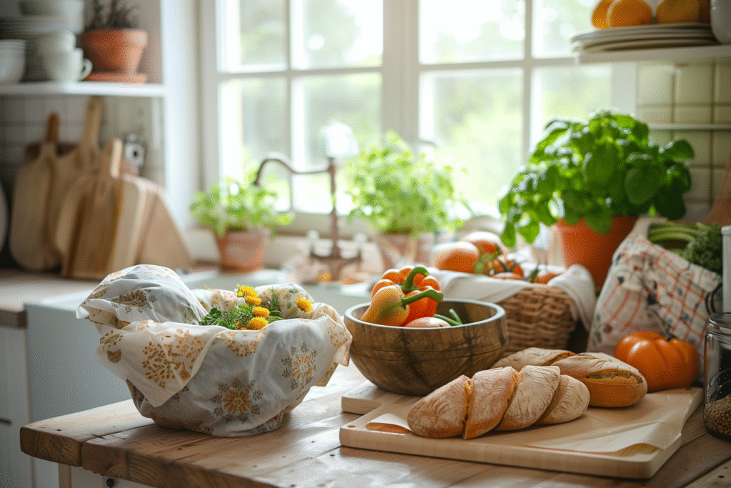 Lunch box en inox compartimentée avec couvercle en bambou, posée sur une nappe en lin – alternative saine et durable aux boîtes plastiques. Ustensiles de conservation sains