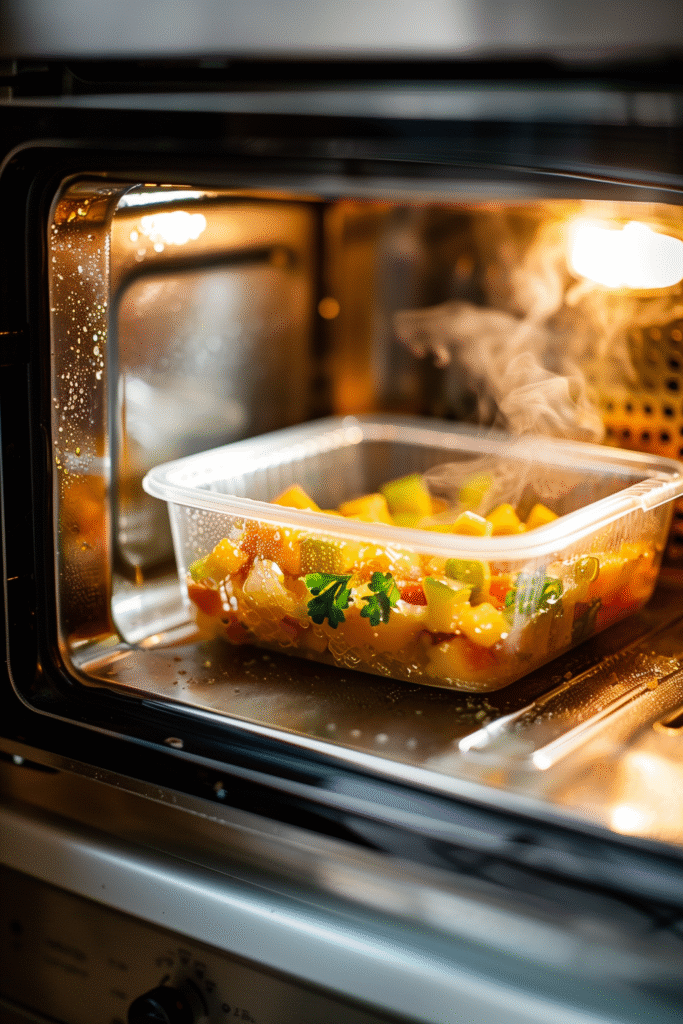 Chauffer du plastique au micro-ondes – illustration des risques de migration de microplastiques dans les aliments.