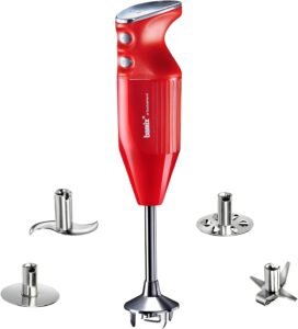 bamix Set mixeur plongeant M350 MAXX avec couteau multifonction, viande et légumes, fouet, batteur en inox, 300 W, 2 vitesses, Fabriqué en Suisse, Rouge/chrome