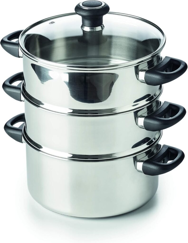 Beka Polo - Cuiseur Vapeur Inox 18/10 - 24 cm - 5 L - 2 Paniers - Couvercle en Verre - Compatible Induction