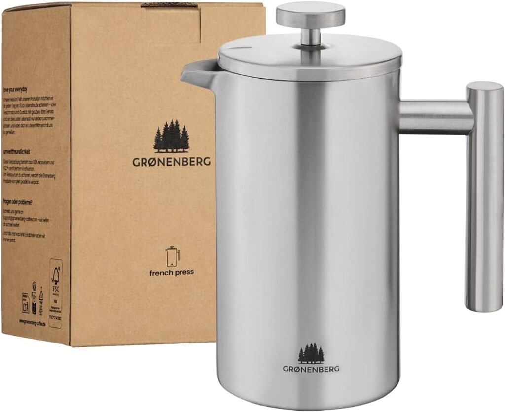 Groenenberg Cafetière à Piston | French Press avec filtres de rechange | 0,6 litre (3 tasses) | Cafetière a Piston en acier (inox)